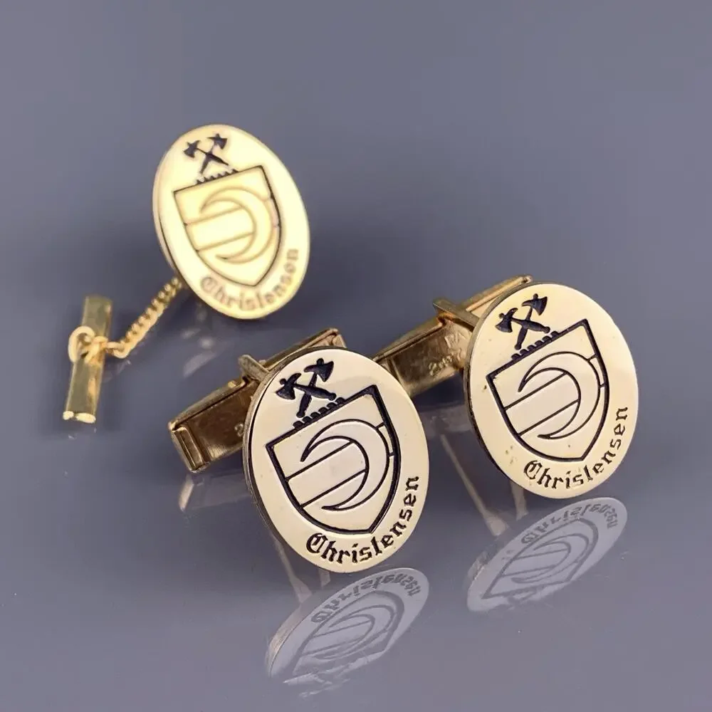Christensen Family Crest Cufflinks Tie Pin Gold Tone Axes Moon Military Vintage